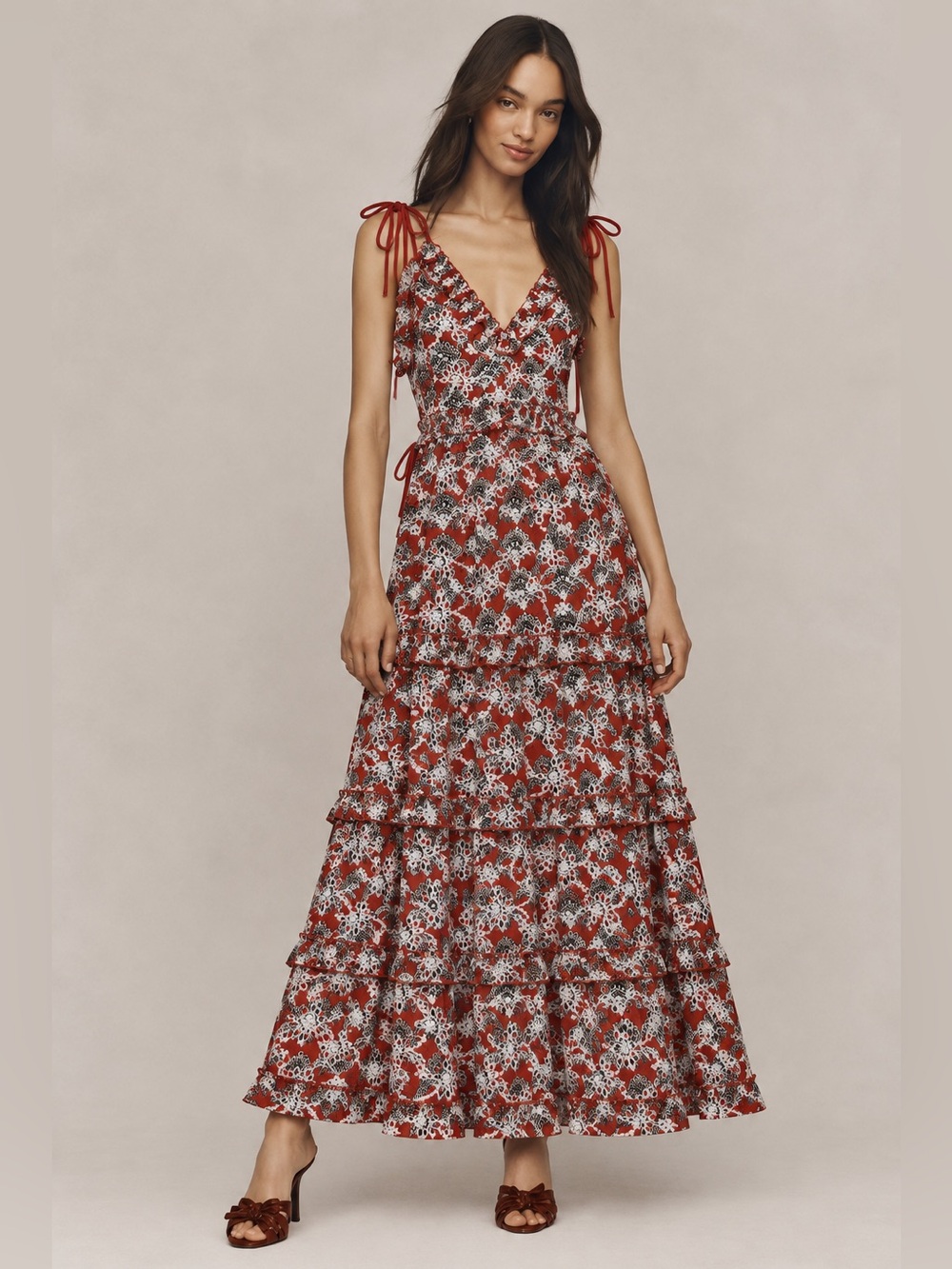 NWT Sample Just Me Red Eyelet Embroidered Tiered Tie Strap Maxi Dress Small